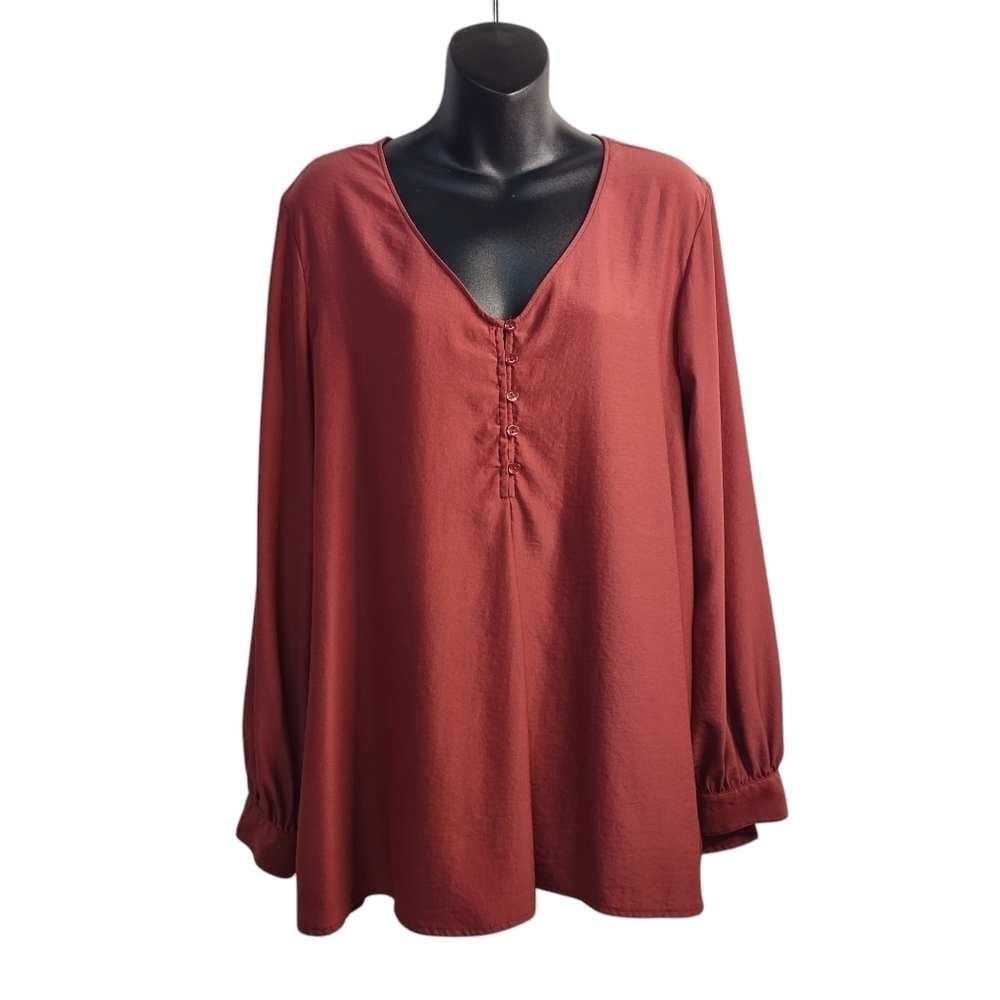 Valette Blouse Women's Marsala Red V-Neck Longsleeve Top Blouse Size Large